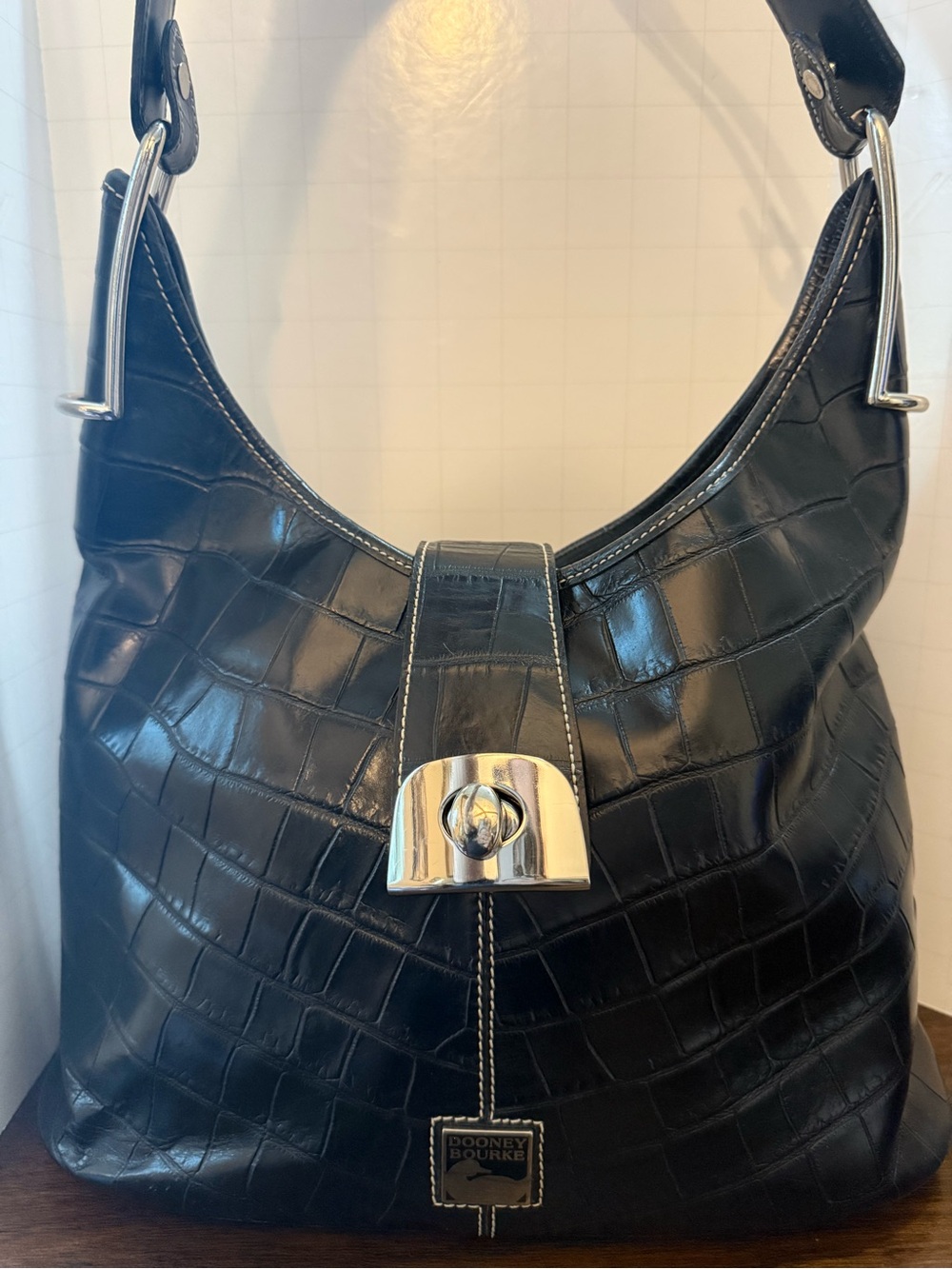 Vintage Dooney & Bourke Black Croc-Embossed Leather Hobo Shoulder Bag